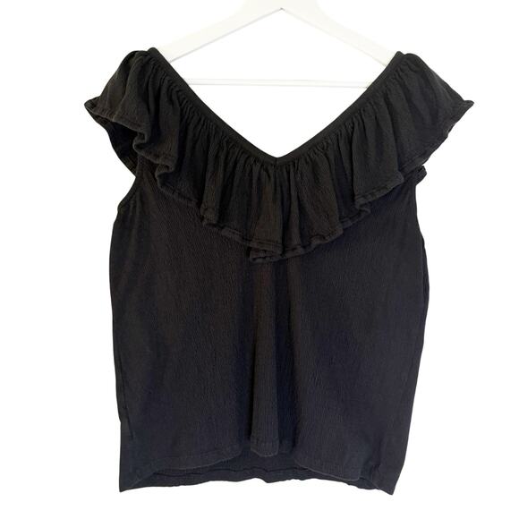 LOFT Black Gauze Ruffle V-Neck Top Size Medium - Picture 1 of 4